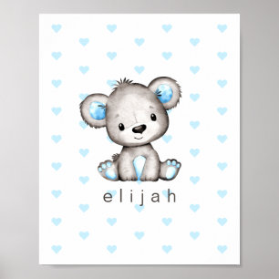 Personalised Baby Boy's Teddy Bear Blue Hearts Poster