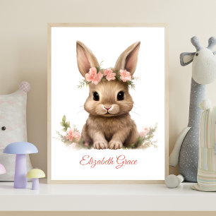 Personalised Baby Bunny Pink Flowers Nursery Print