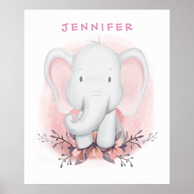 Personalised Baby Cartoon Elephant Poster (Front)