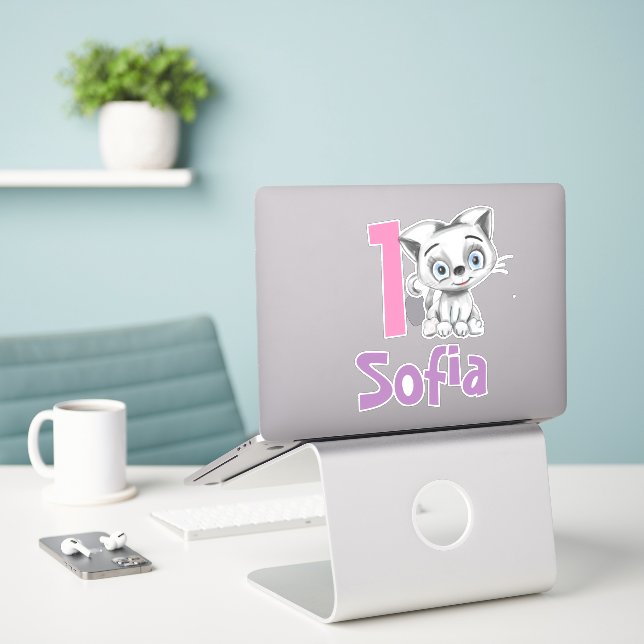 Personalised Baby Cat Plaid First Birthday Sticker (Laptop On Desk)
