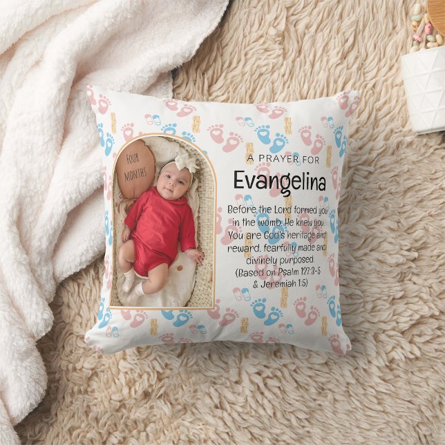 Personalised Baby Christian Prayer Keepsake Cushion (Cute Baby Footprints Throw Pillow with customizable photo, name and Bible verse. Ideal souvenir gift)