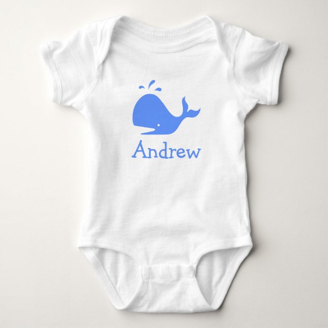 Personalised baby clothes with blue cartoon whale bodysuit (Front)