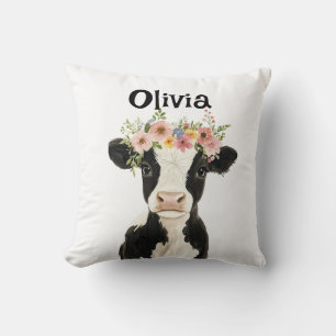 Personalised Baby Cow with Floral Wreath Cushion