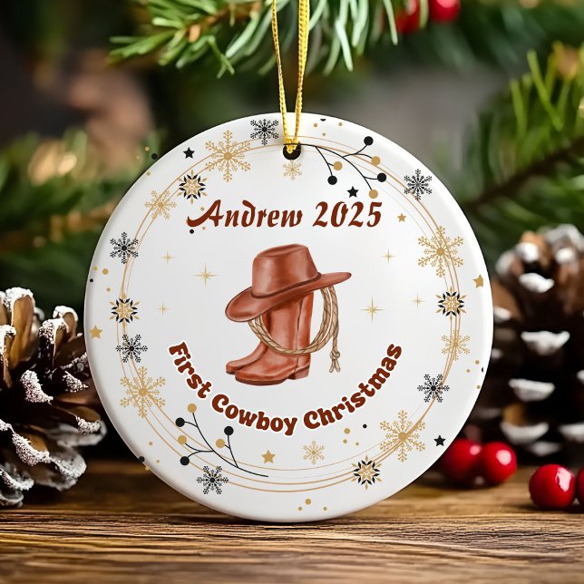 Personalised Baby Cowboy First Christmas  Ceramic Ceramic Tree Decoration (Creator Uploaded)