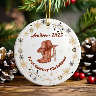 Personalised Baby Cowboy First Christmas Ceramic Tree Decoration