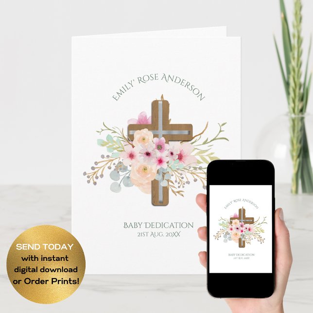 Personalised BABY Dedication Floral Cross Card (Creator Uploaded)