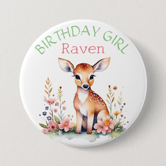 Personalised Baby Deer in Flowers Birthday Girl 7.5 Cm Round Badge (Front)