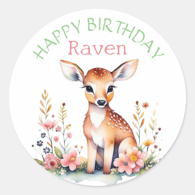 Personalised Baby Deer in Flowers Girl's Birthday  Classic Round Sticker (Front)