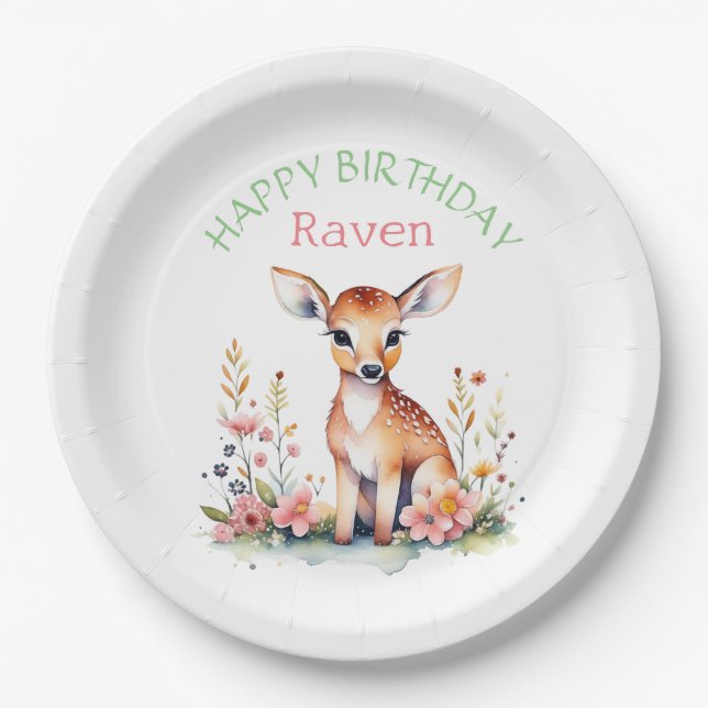 Personalised Baby Deer in Flowers Girl's Birthday  Paper Plate (Front)
