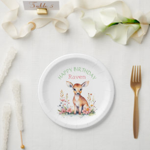 Personalised Baby Deer in Flowers Girl's Birthday Paper Plate