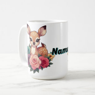 Personalised Baby Deer with Roses Woodland Floral Coffee Mug