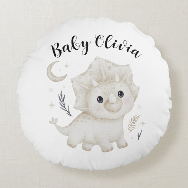 Personalised Baby Dinosaur Round Nursery Pillow (Front)