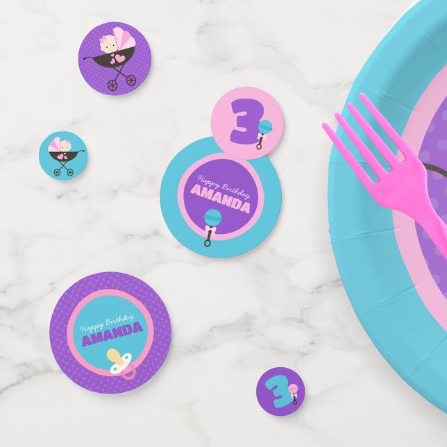 Personalised Baby Doll Birthday Party Decoration Confetti (Baby Doll Birthday Personalized Table Confetti in Pink, Purple and Teal Blue)