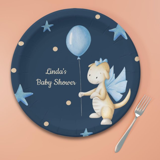 Personalised Baby Dragon with Balloon Baby Shower Paper Plate (Navy blue dragon boy baby shower paper plates)