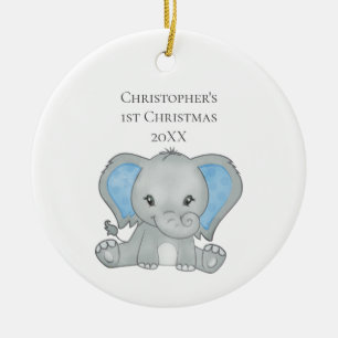 Personalised Baby Elephant Blue Baby 1st Christmas Ceramic Tree Decoration