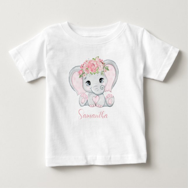 Personalised Baby Elephant Pink Girls Baby Shower  T-Shirt (Front)