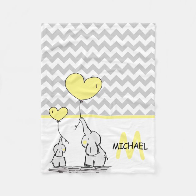 Personalised Baby Elephant Yellow Grey Chevron Fleece Blanket (Front)