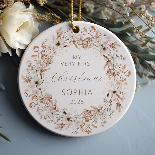 Personalised Baby First Christmas Boho Wildflowers Ceramic Tree Decoration (Creator Uploaded)