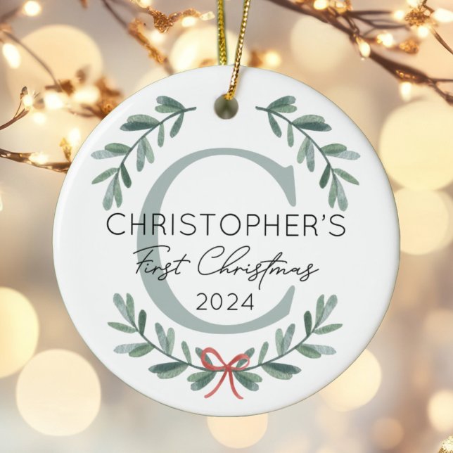 Personalised Baby First Christmas Festive Greenery Ceramic Tree Decoration (Creator Uploaded)