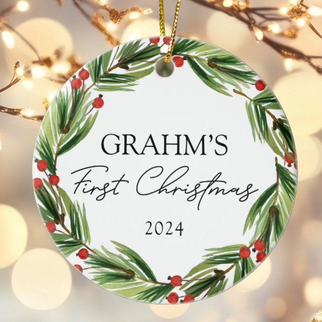 Personalised Baby First Christmas Festive Wreath Ceramic Tree Decoration (Creator Uploaded)