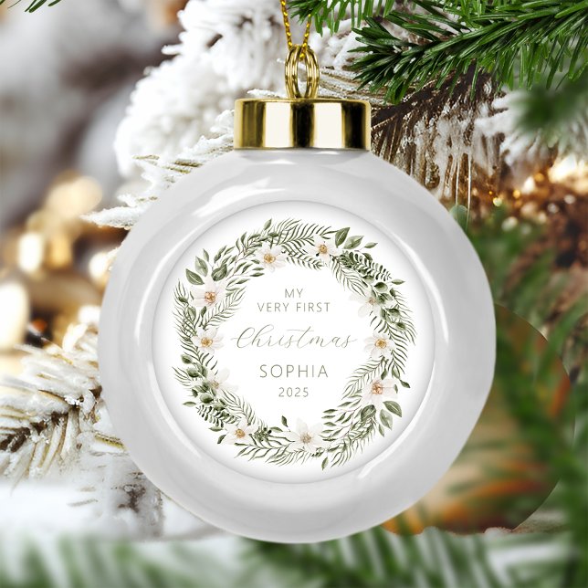 Personalised Baby First Christmas Forest Wreath Ceramic Ball Christmas Ornament (Creator Uploaded)