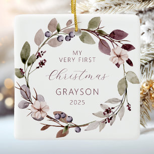 Personalised Baby First Christmas Purple Wreath Ceramic Ornament