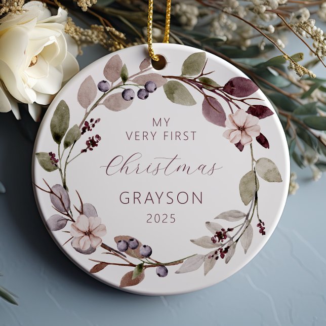Personalised Baby First Christmas Purple Wreath Ceramic Tree Decoration (Creator Uploaded)
