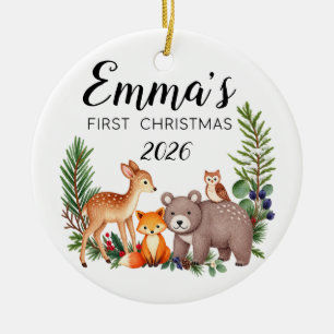 Personalised Baby First Christmas Woodland Animals Ceramic Tree Decoration