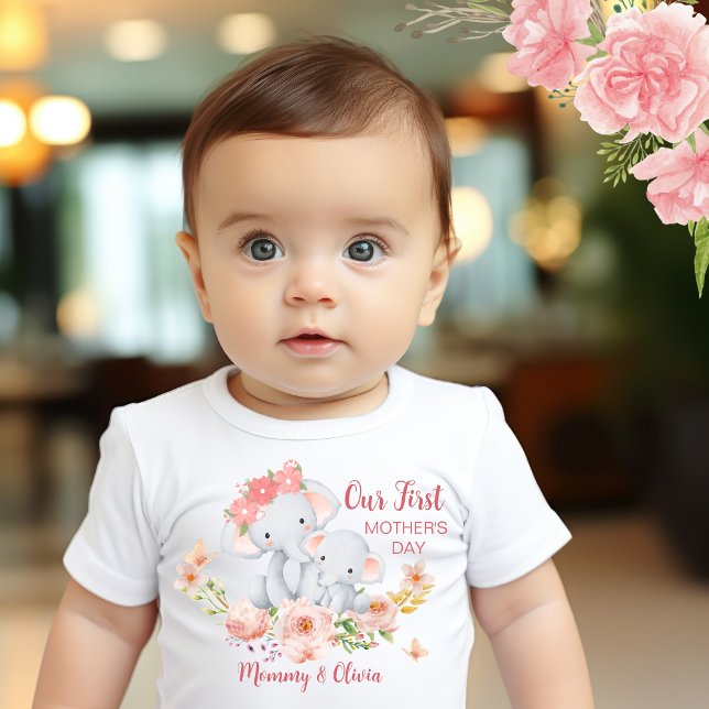 Personalised Baby First Mother's Day Elephant  Baby T-Shirt (Creator Uploaded)