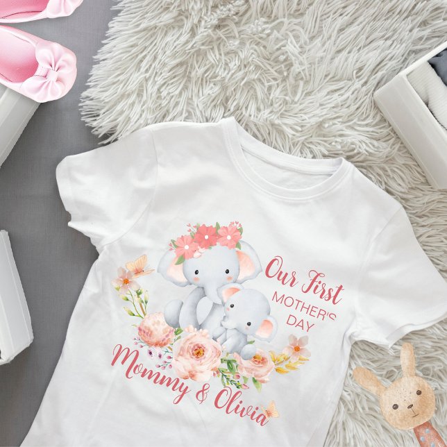 Personalised Baby First Mother's Day Elephant  Baby T-Shirt (Creator Uploaded)