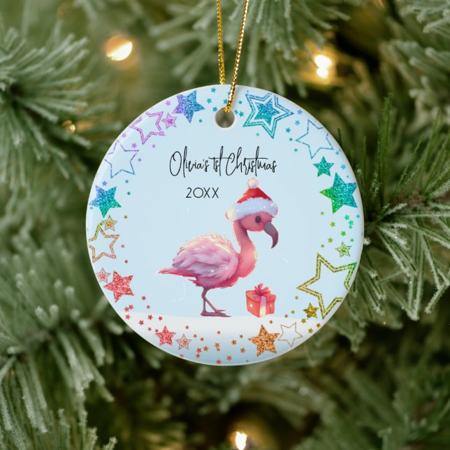 Personalised Baby Flamingo, Baby's First Christmas Ceramic Tree Decoration (Tree)