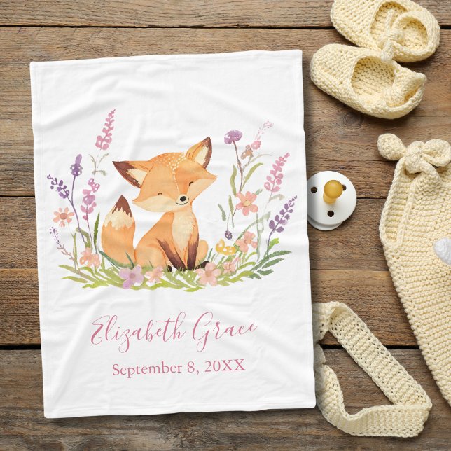 Personalised Baby Fox Wildflowers Pink Baby Fleece Blanket (Personalized Baby Fox Birth Stats Baby Blanket Baby Girl, Baby Shower gift, new baby gift )
