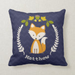 Personalised Baby Fox Wreath Pillow - Boy<br><div class="desc">A pillow featuring a woodland themed design with an illustration of a baby fox inside a wreath decorated with leaves,  flowers,  and an acorn.  Personalise the name.  Background is dark blue chevron pattern.</div>