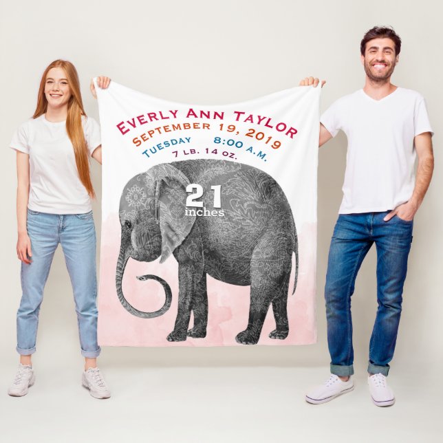 Personalised Baby Girl Birth Record Stats Elephant Fleece Blanket (In Situ)