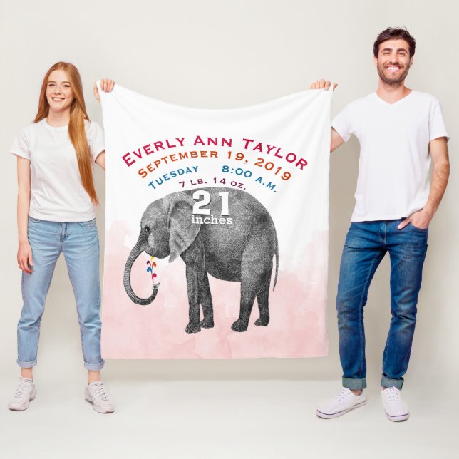 Personalised Baby Girl Birth Record Stats Elephant Fleece Blanket (In Situ)