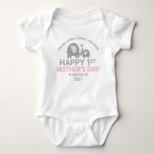 Personalised Baby Girl First Mother's Day Elephant Bodysuit (Front)