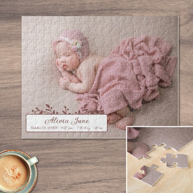 Personalised Baby Girl Photo Birth Announcement Jigsaw Puzzle (Customizable Baby Girl Birth Announcement Photo Jigsaw Puzzle)