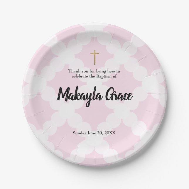 Personalised Baby Girl Pink Baptism gold cross Paper Plate (Front)