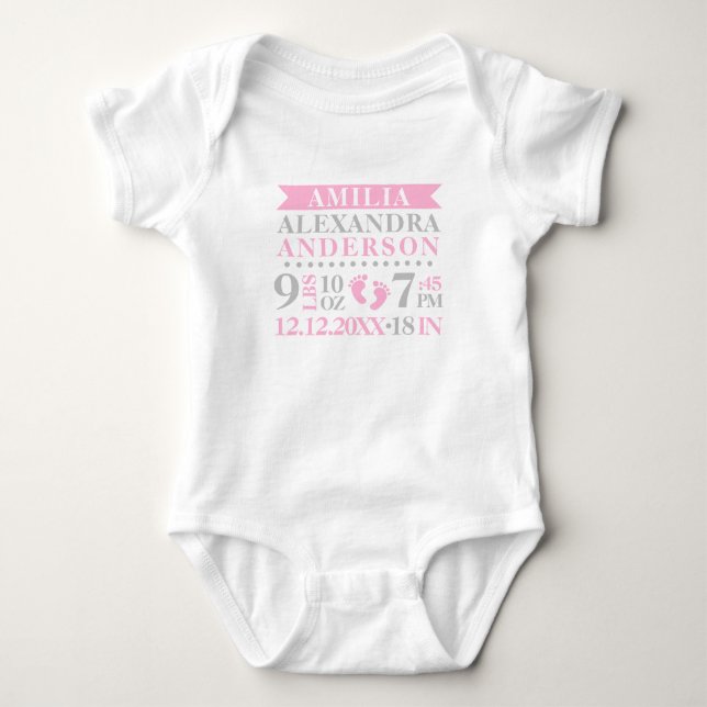Personalised Baby Girl Pink Grey Birth Stats Bodysuit (Front)