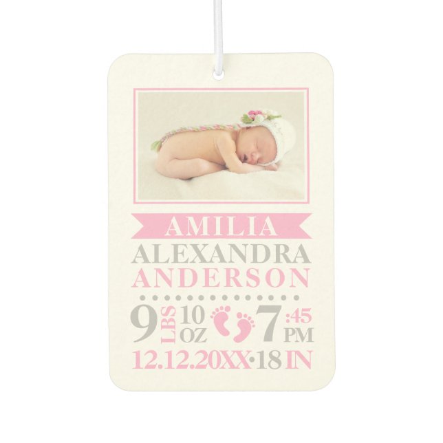 Personalised Baby Girl Pink Grey Birth Stats Car Air Freshener (Front)