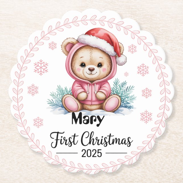 Personalised Baby Girl’s First Christmas Coaster  (Front)