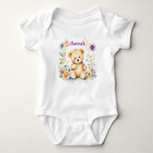 Personalised Baby Girl Teddy Bear and Flowers Baby Bodysuit