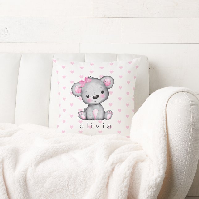 Personalised Baby Girl's Teddy Bear Pink Hearts Cushion (Creator Uploaded)