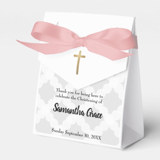 Personalised Baby Grey Pink Gold Cross Christening Favour Box (Front Side)