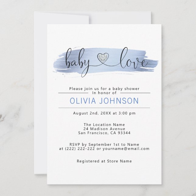 Personalised Baby Love Blue White BOY Baby Shower Invitation (Front)