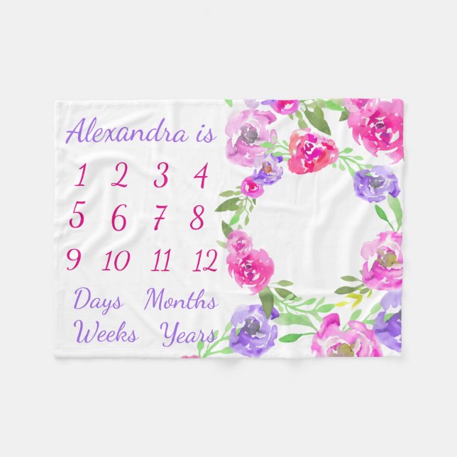 Personalised Baby Month Week Age Milestone Growth Fleece Blanket (Front (Horizontal))