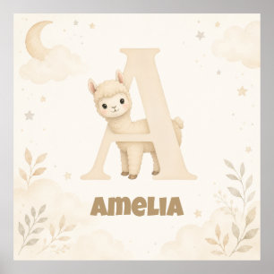 Personalised Baby Name Alpaca Letter A Poster