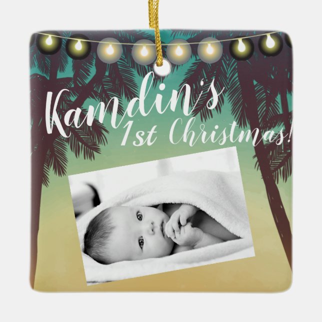 Personalised Baby Ornament Beach Sunset Palm Tree (Front)