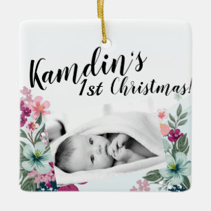 Personalised Baby Ornament Tropical Flowers on Blu