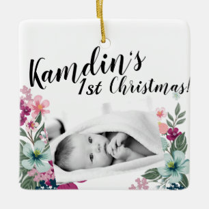 Personalised Baby Ornament Tropical Flowers on Whi